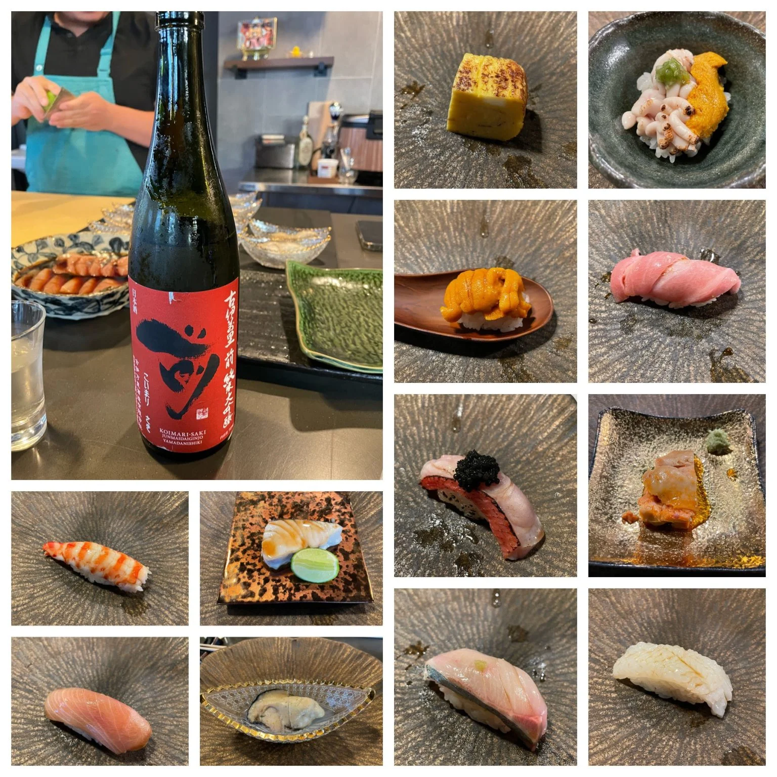 日本酒の瓶とおまかせ寿司の握りの数々