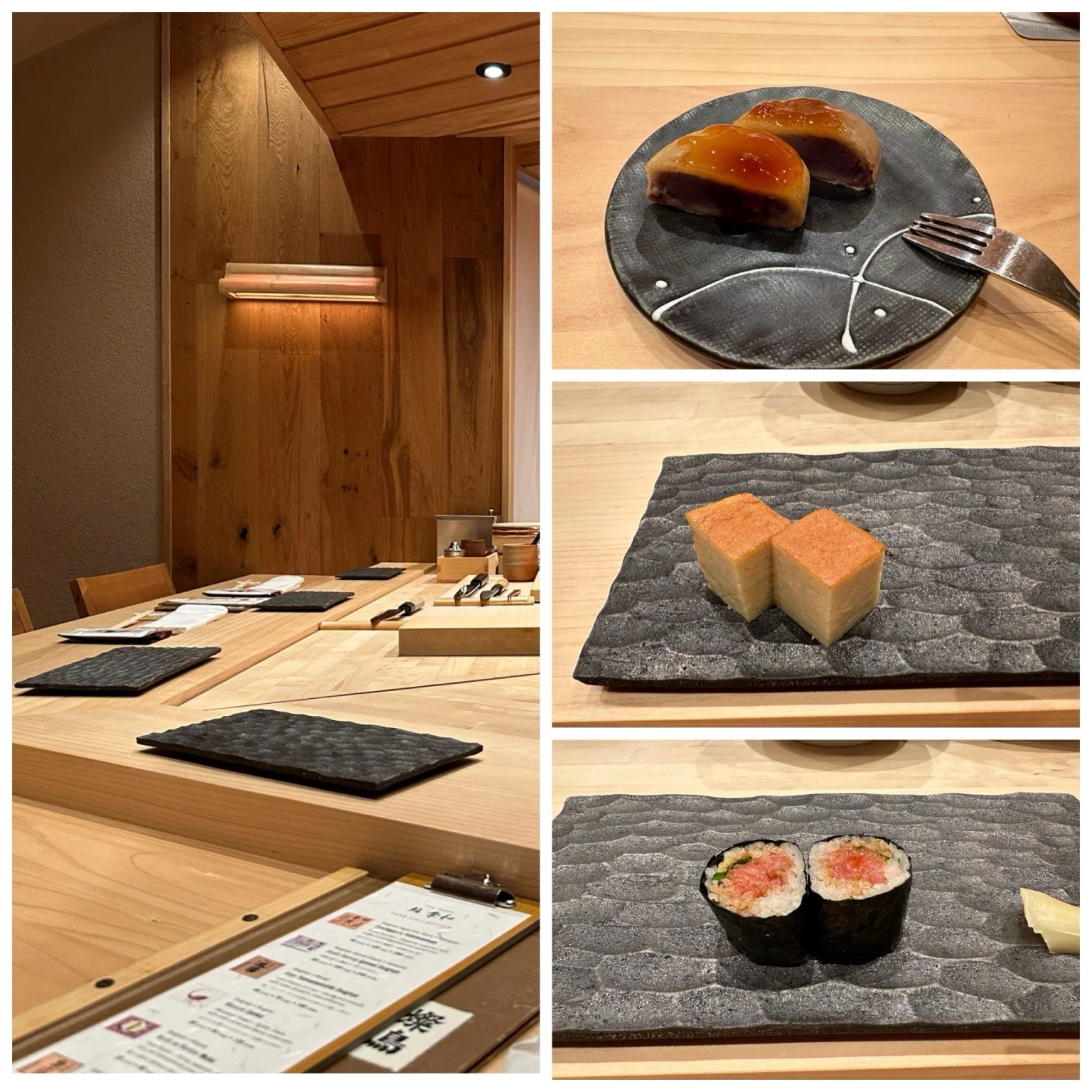 鮨 季和のカウンター席と料理のコラージュ