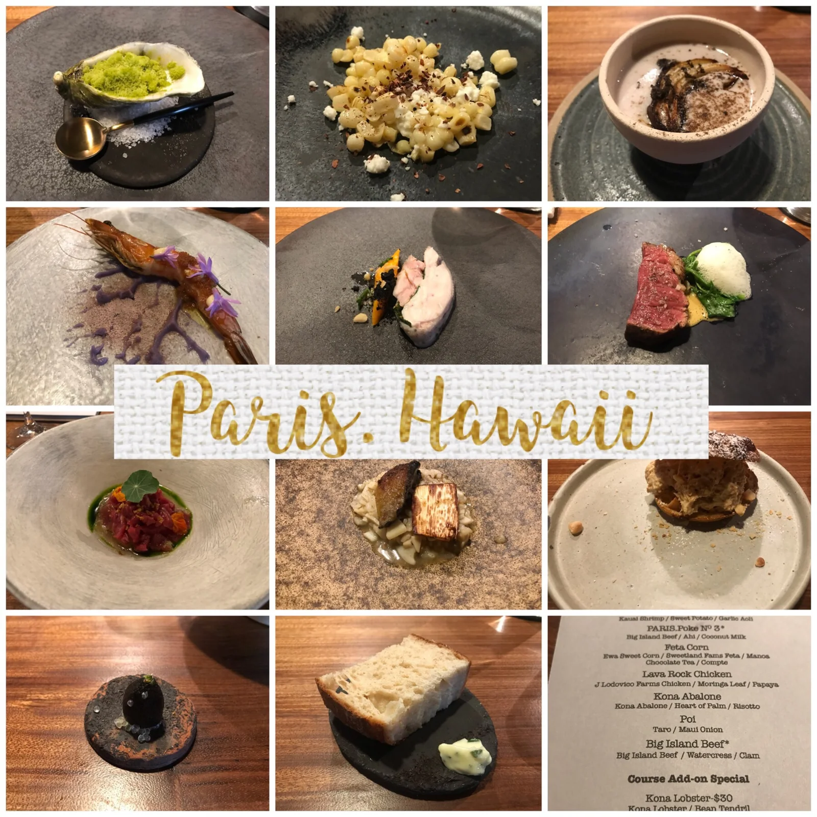 Paris.Hawaiiのコース料理とメニューのコラージュ