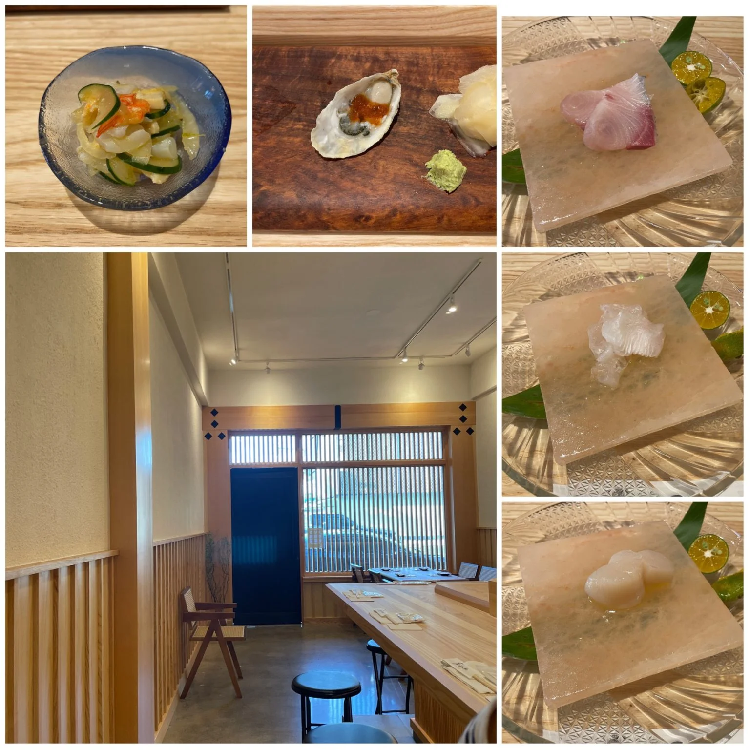 寿司店の前菜やお造りと店内のコラージュ