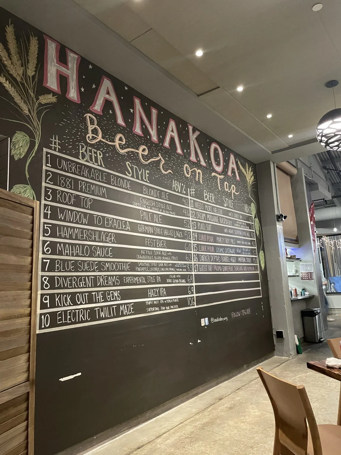 Hana Koaのビールメニューが書かれた黒板