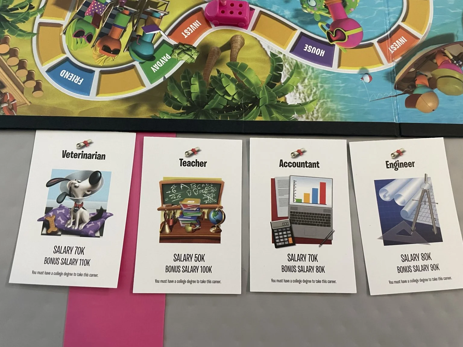 人生ゲームの職業カード(獣医・教師・会計士・エンジニア)