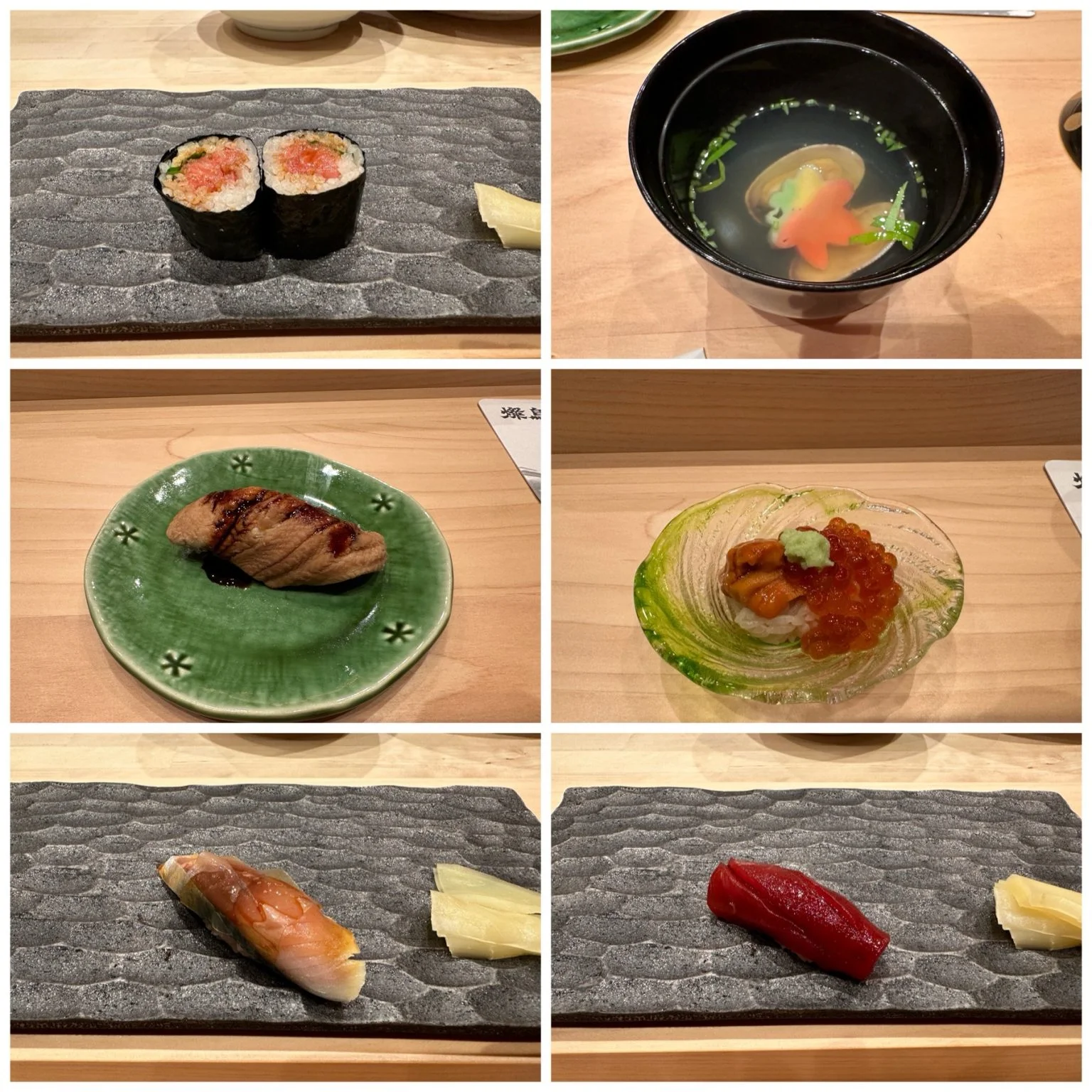 鮨 季和の巻き寿司、椀物、握りのコラージュ