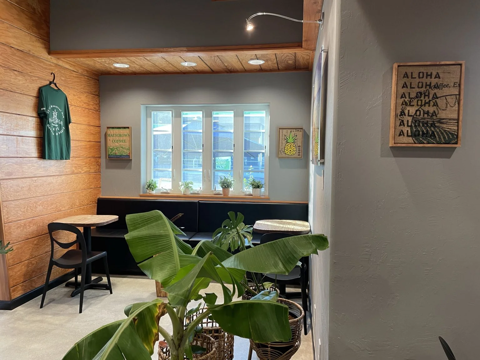 植物と木の壁が落ち着いた雰囲気のカフェ店内