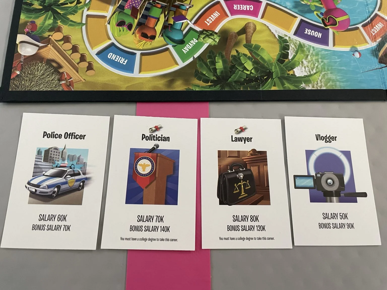 人生ゲームの職業カード(警察官・政治家・弁護士・ビデオブロガー)