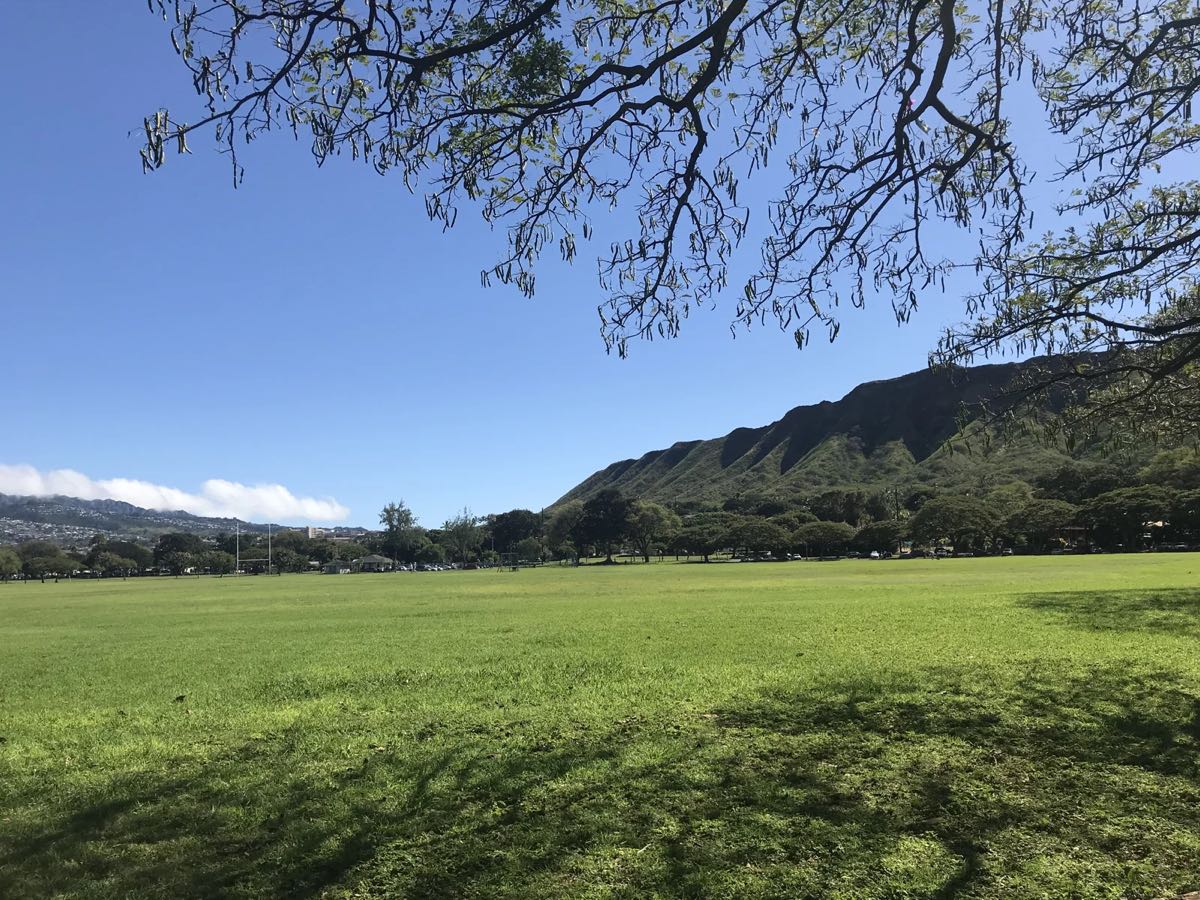 ダイヤモンドヘッドのふもとに広がる芝生の公園