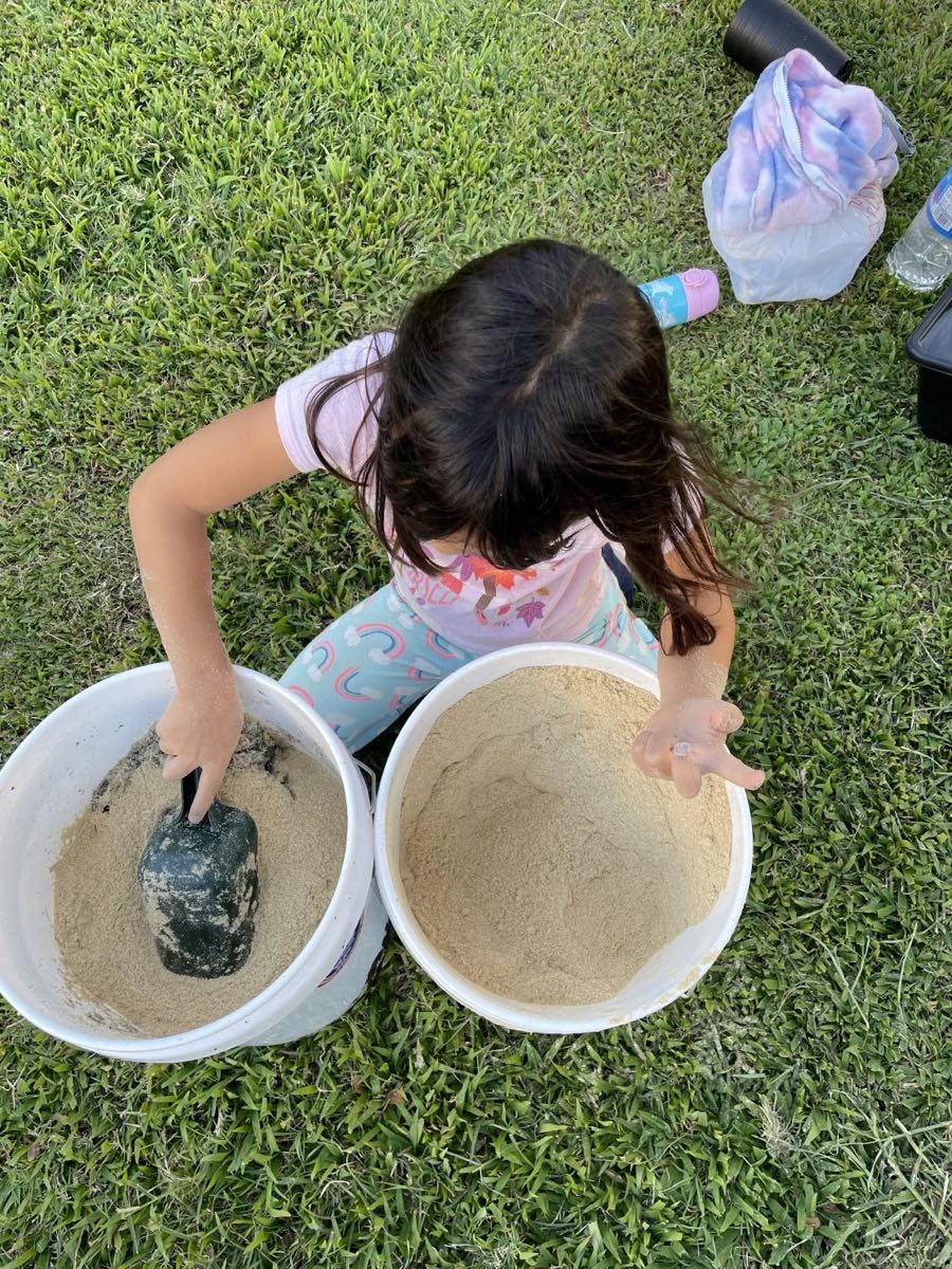 芝生の上でバケツの米ぬかを触る子ども